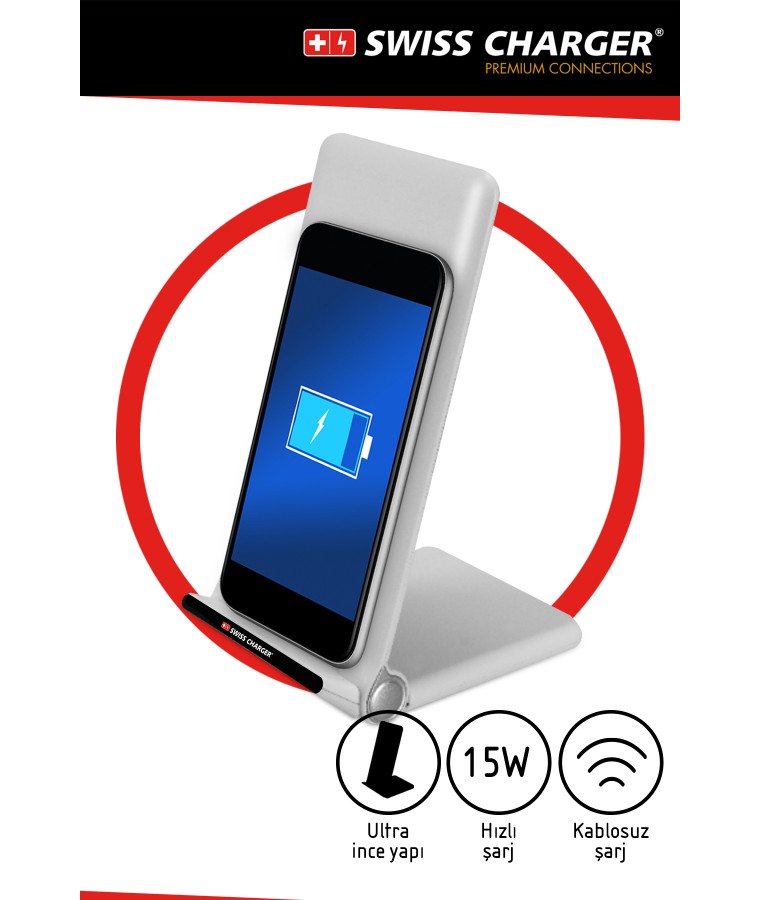 Swiss Charger Standlı Kablosuz/Wireless Şarj Aleti ( Ultra İnce Yapı, Modern Dizayn & Hızlı Şarj Özelliği )