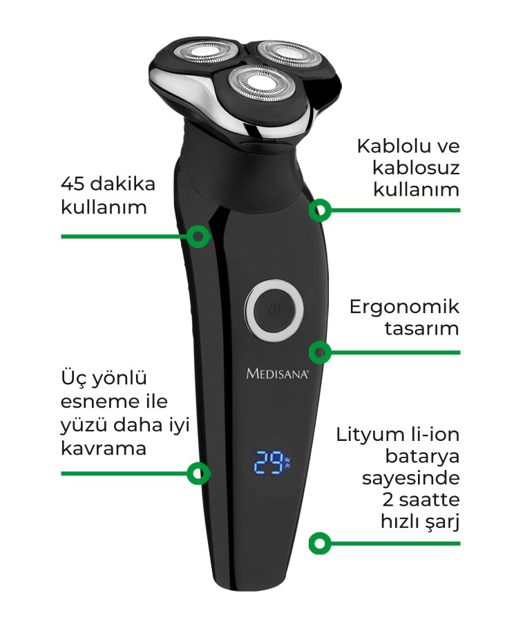 Medisana MD-7802 Smart Tıraş Makinesi ( Kablolu Kablosuz Kullanım & Üç Yönlü Esneme )